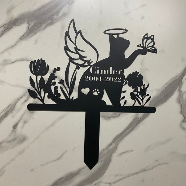 Custom Angel Cat Memorial Garden Stake, Custom Name Flower Cat Metal Stake, Personalized Cat With Wings Metal Yard Sign, Cat Memorial Garden Sign