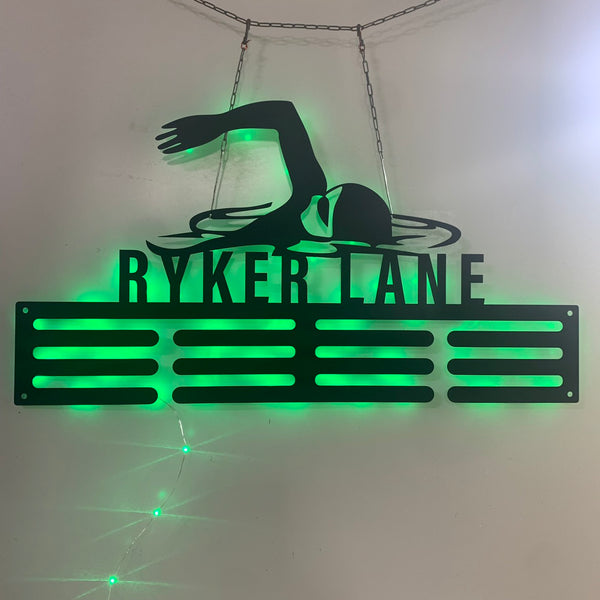 Custom Name Swimming Medal Hanger With Led Light,swimming Medal Holder Display Rack For Awards And Ribbon, Personalized Swimming Sport Metal