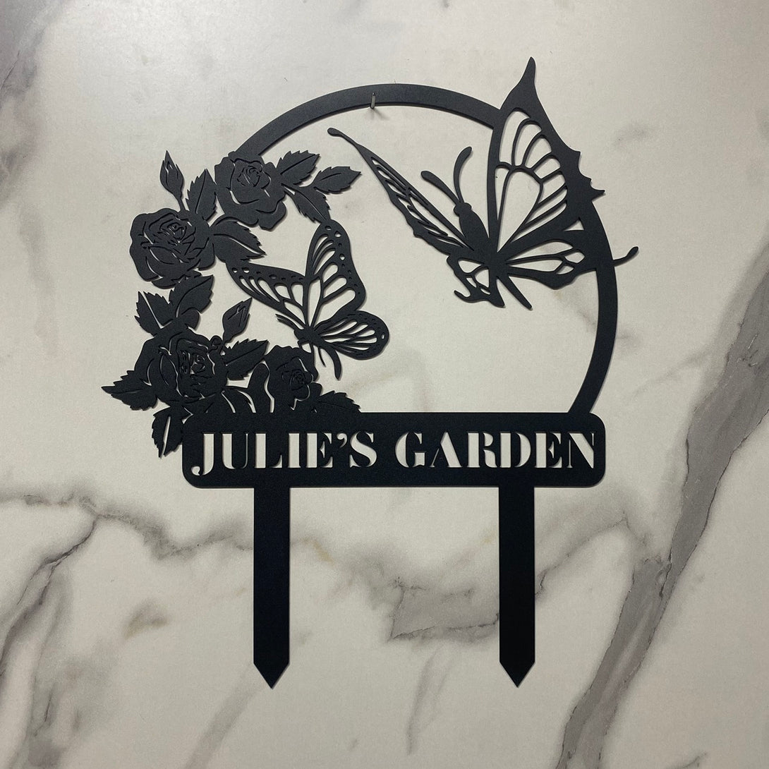 Personalized Butterfly Metal Garden Stake, Custom Your Garden Metal Sign, Butterfly With Flowers Metal Yard Stake, Garden Outdoor Metal Sign Decor