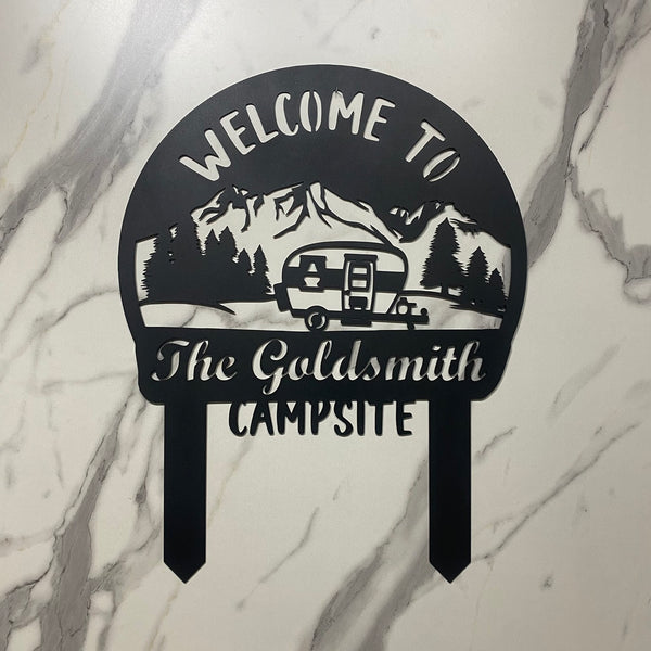 Custom Mountain Camping Metal Sign With Stake, Personalized Family Name Campsite Metal Stake, Happy Camper Metal Outdoor Yard Sign, Camping Metal Sign