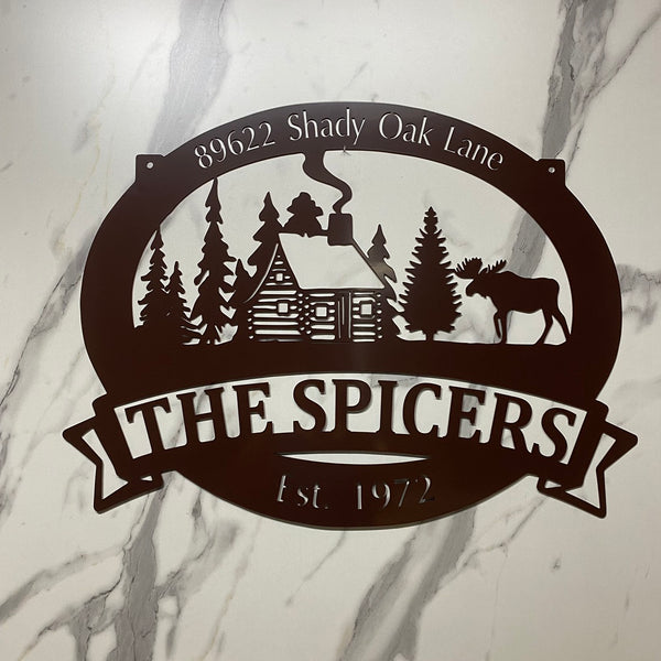 Custom Cabin Metal Wall Art, Metal Cabin Forest Camping Sign, Personalized Family Name Metal Sign, Outdoor Hunting Cabin Man Cave Metal Wall Sign