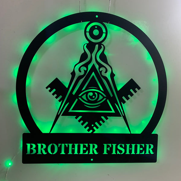 Custom Masonic Square And Compass Metal Wall Art Led Lights, Personalized Name Masonic Monogram Metal Sign, Freemason Freemasonry Masonic Metal Sign