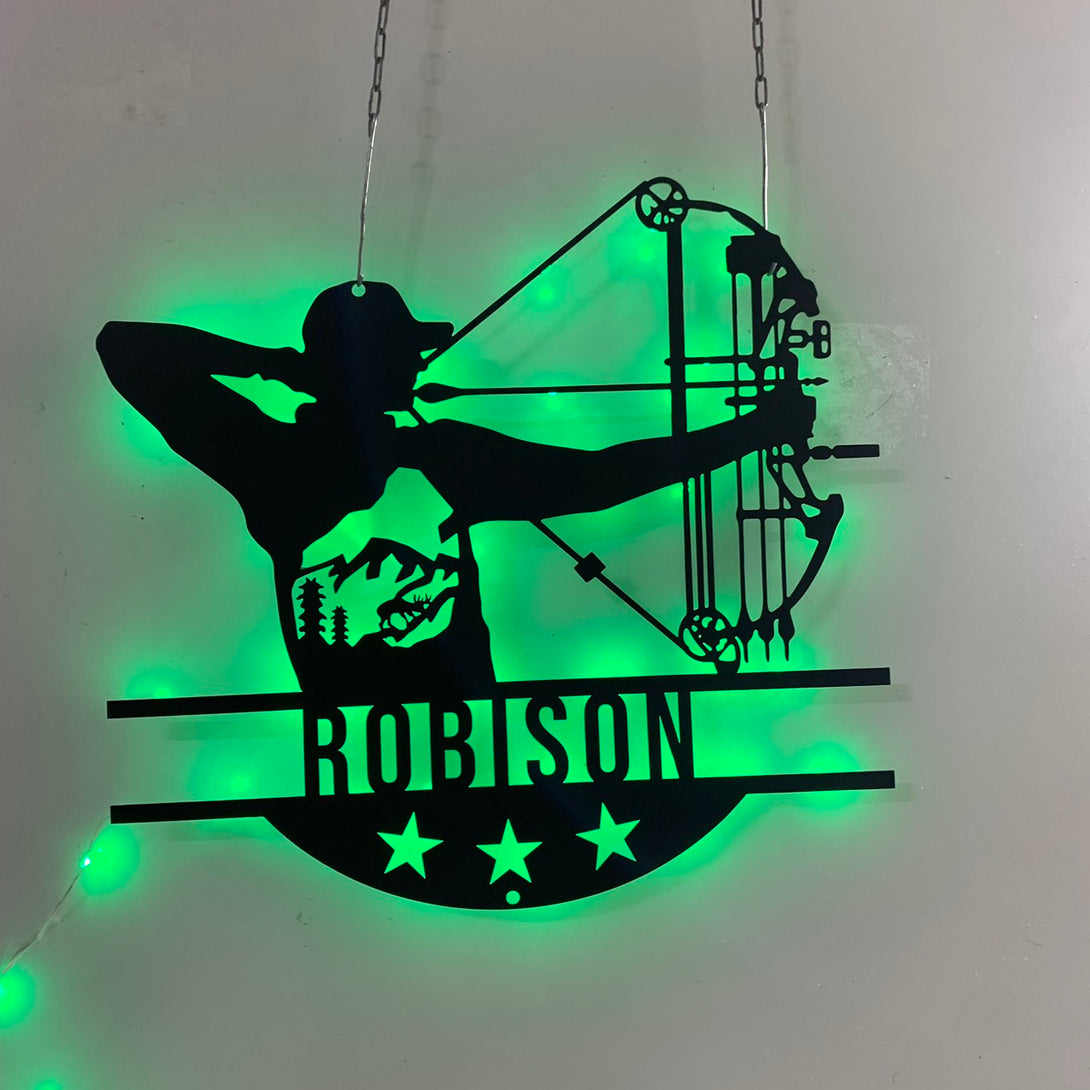 Custom Bow Hunting Metal Wall Art Led Lights, Personalized Bow Hunter Metal Name Sign, Archery Hunting Metal Sign, Archery Man Cave Metal Wall Decor
