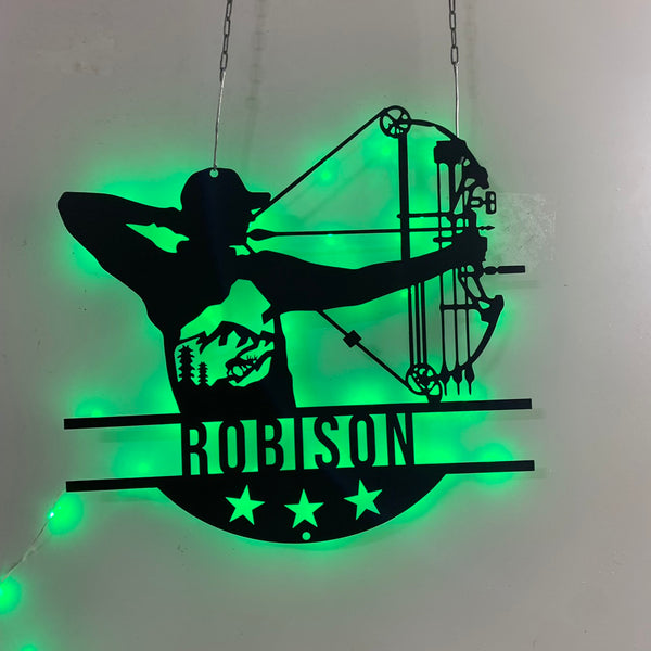 Custom Bow Hunting Metal Wall Art Led Lights, Personalized Bow Hunter Metal Name Sign, Archery Hunting Metal Sign, Archery Man Cave Metal Wall Decor