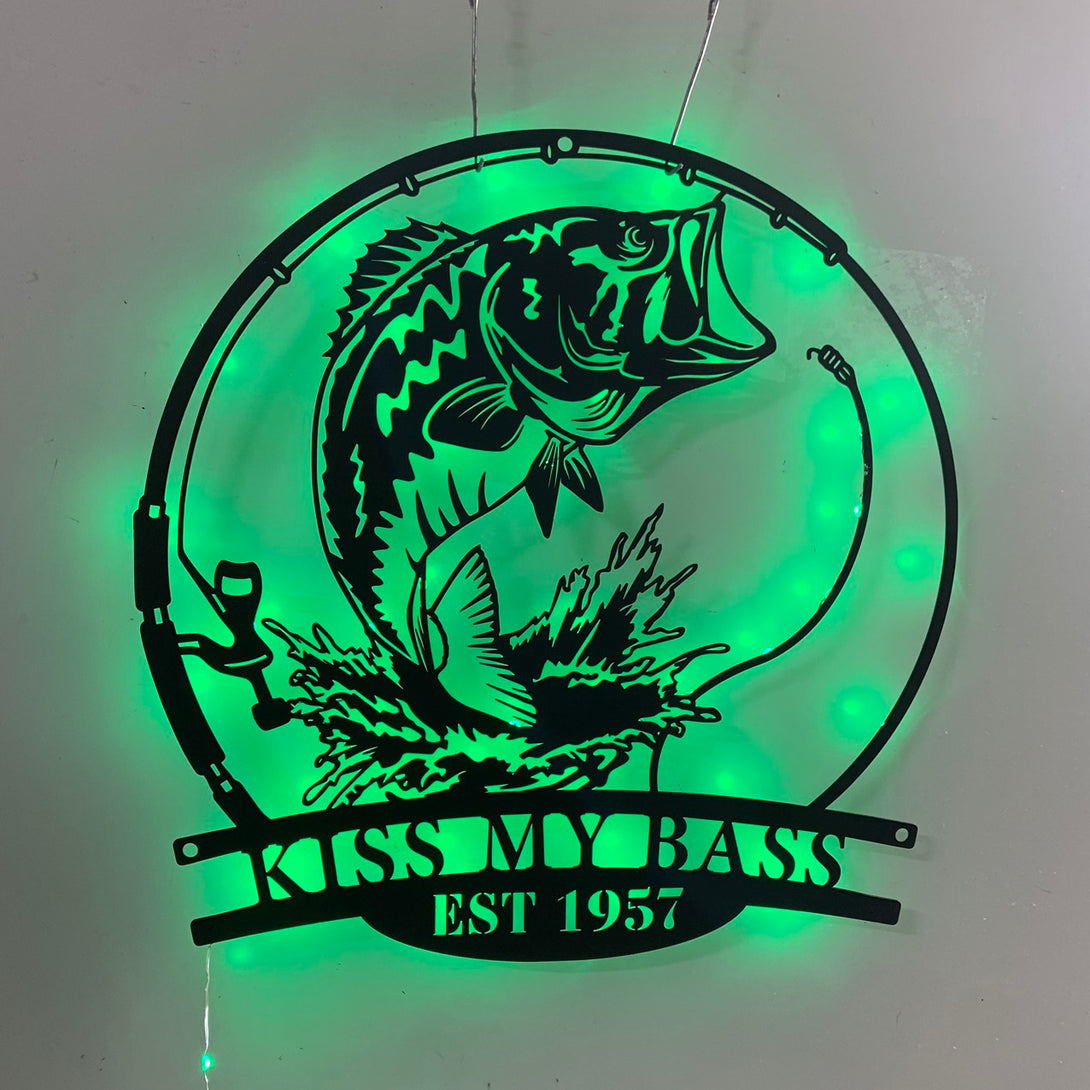Custom Bass Fishing Metal Wall Art Led Lights, Custom Fishing Lake House Cabin Metal Sign, Fishing Club Metal Sign, Fishing Man Cave Metal Wall Art