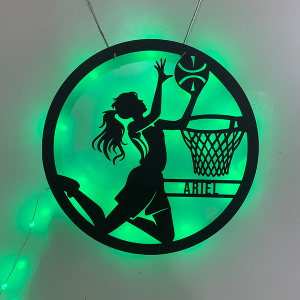 Personalized Girls Basketball Metal Wall Art Led Lights, Custom Female Basketball Player Metal Name Sign, Basketball Sports Kids Room Metal