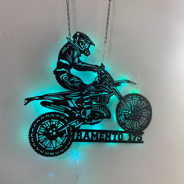 Custom Motocross Metal Wall Art Led Light, Personalized Biker Metal Name Sign, Dirt Bike Garage Metal Wall Sign, Motorcycle Garage Man Cave Metal Sign