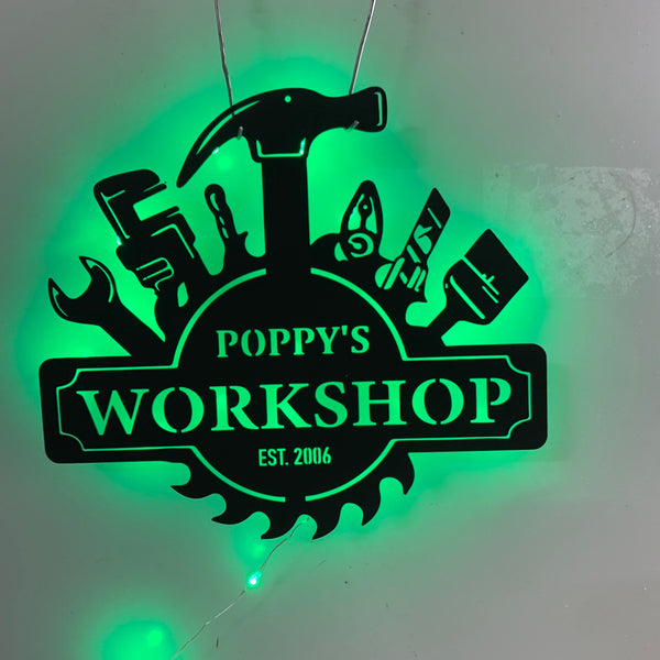 Custom Mechanic Workshop Metal Wall Art Led Lights, Personalized Workshop Carpenter Metal Name Sign, Papas Work Shop Man Cave Metal Wall Decor
