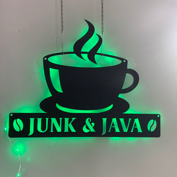 Personalized Coffee Bar Metal Sign With Led Lights, Custom Coffee Cup Metal Sign With Name, Coffee Shop Metal Decor, Coffee Metal Wall Kitchen Decor