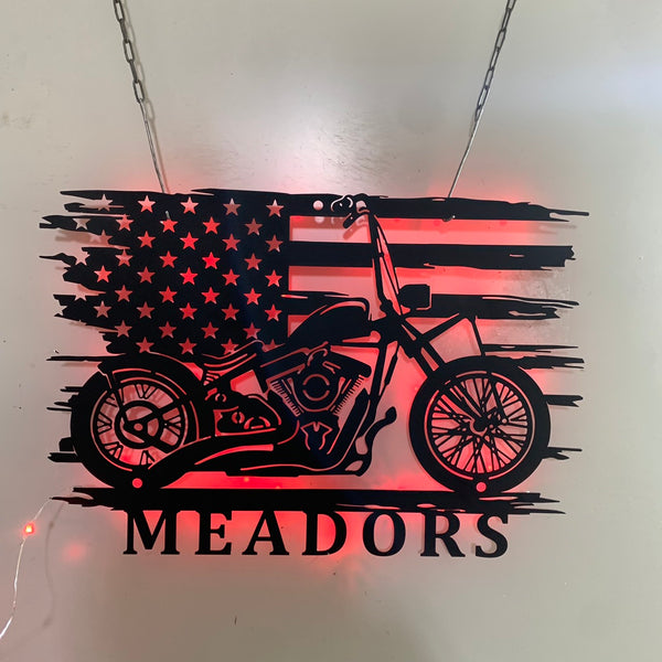 Custom Us Flag Motorcycle Metal Wall Sign Led Lights, Motorcycle Metal Wall Art, Custom Motocross Biker Name Signs, Dirt Bike Man Cave Metal