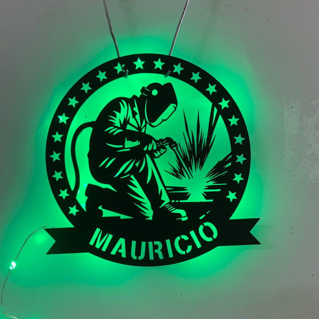 Custom Ironworker Welding Monogram Metal Wall Art With Led Lights, Personalized Welder Metal Name Sign, Welding Workshop Metal Wall Sign Decor