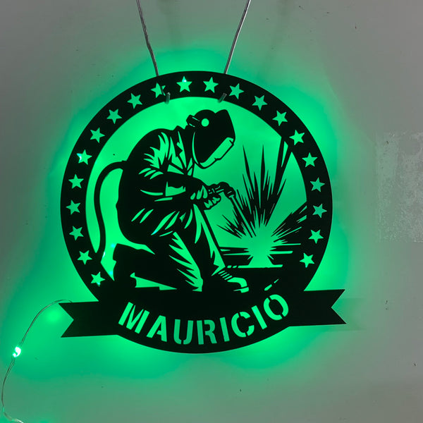 Custom Ironworker Welding Monogram Metal Wall Art With Led Lights, Personalized Welder Metal Name Sign, Welding Workshop Metal Wall Sign Decor
