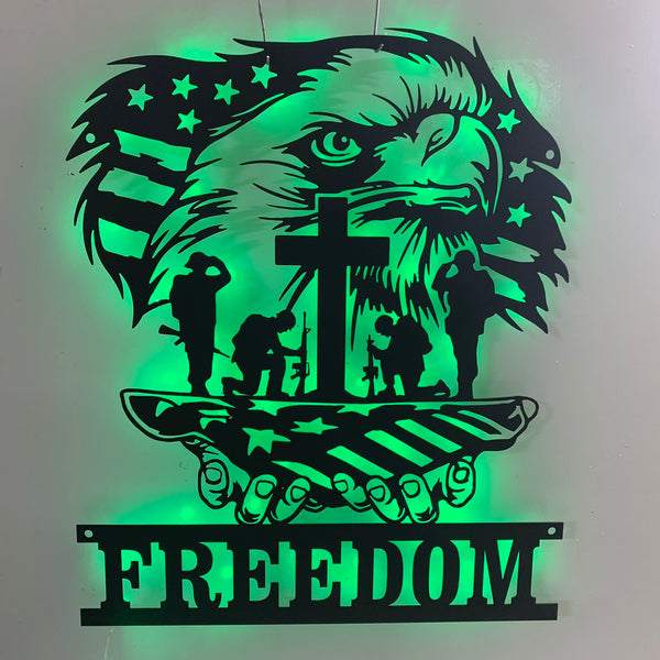 Us Army Eagle Soldier Kneeling At Cross Metal Sign Led Lights, American Veteran Freedom Metal Sign, Bald Eagle Veteran Fallen Soldier Metal Wall Art