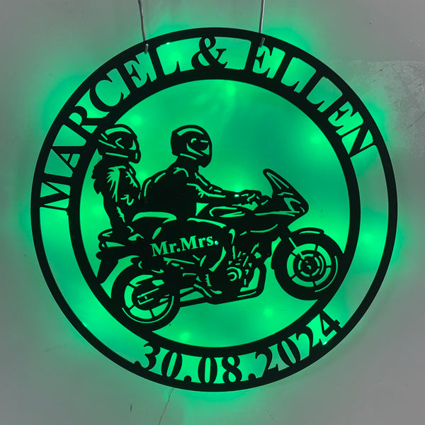 Custom Couple Motorcycle Monogram Metal Wall Art Led Lights, Custom Couple Biker Metal Name Sign, Motorbike Mr And Mrs Wedding Anniversary Metal Decor