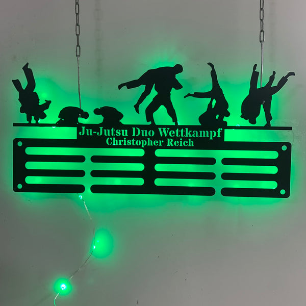Personalized Jiu Jitsu Medal Holder Led Light, Medal Rack 12 Rungs For Medals & Ribbons, Jiu Jitsu Medal Hanger, Jiu Jitsu Medal Display Award Display
