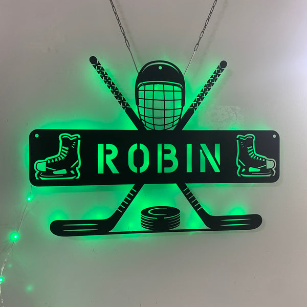 Custom Hockey Stick & Helmet Metal Wall Art Led Lights, Personalized Ice Hockey Player Metal Name Sign, Hockey Sport Room Metal Wall Sign Decor