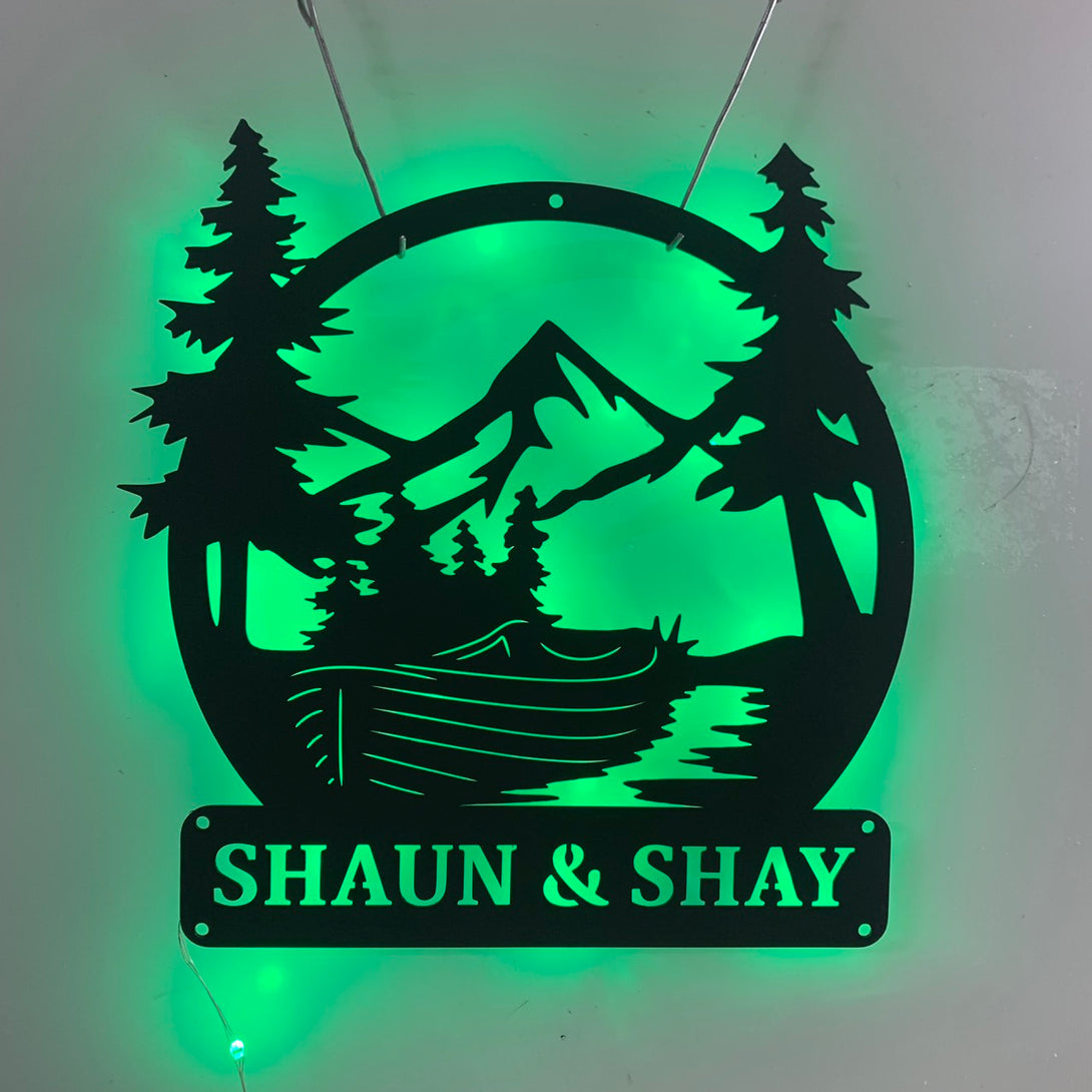 Personalized Rowboat Mountain Lake House Metal Sign Led Lights, Custom Forest Lake Scene Metal Wall Art, Metal Lake House Campsite Outdoor Decor