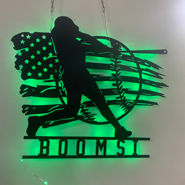 Custom Us Flag Baseball Metal Wall Art Led Lights, Custom Softball Player Metal Name Sign, Baseball Metal Wall Sign, Baseball Club Metal Wall Decor