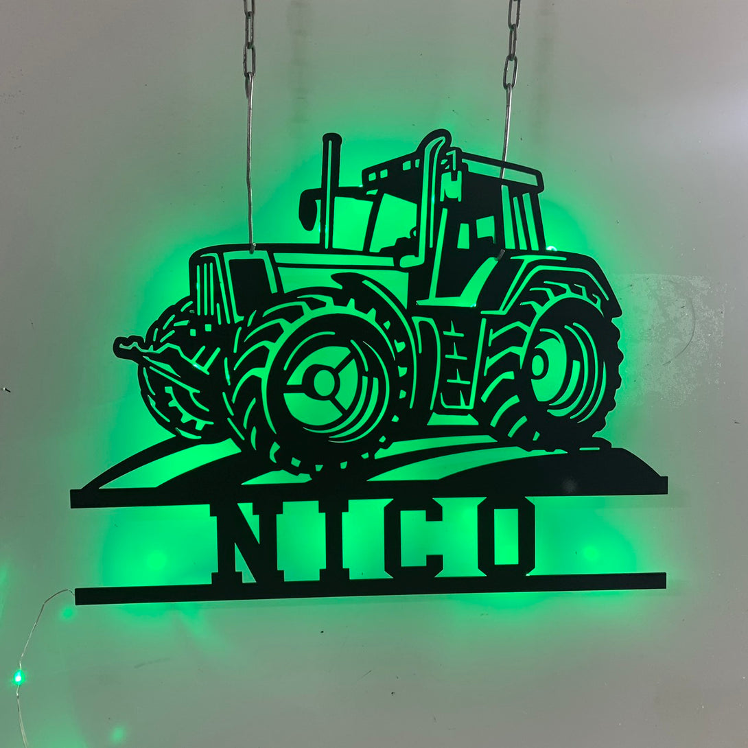 Personalized Farm Tractor Metal Wall Art Led Lights, Custom Modern Tractor Monogram Metal Sign, Farmer Name Metal Tractor Sign, Metal Farmhouse Sign