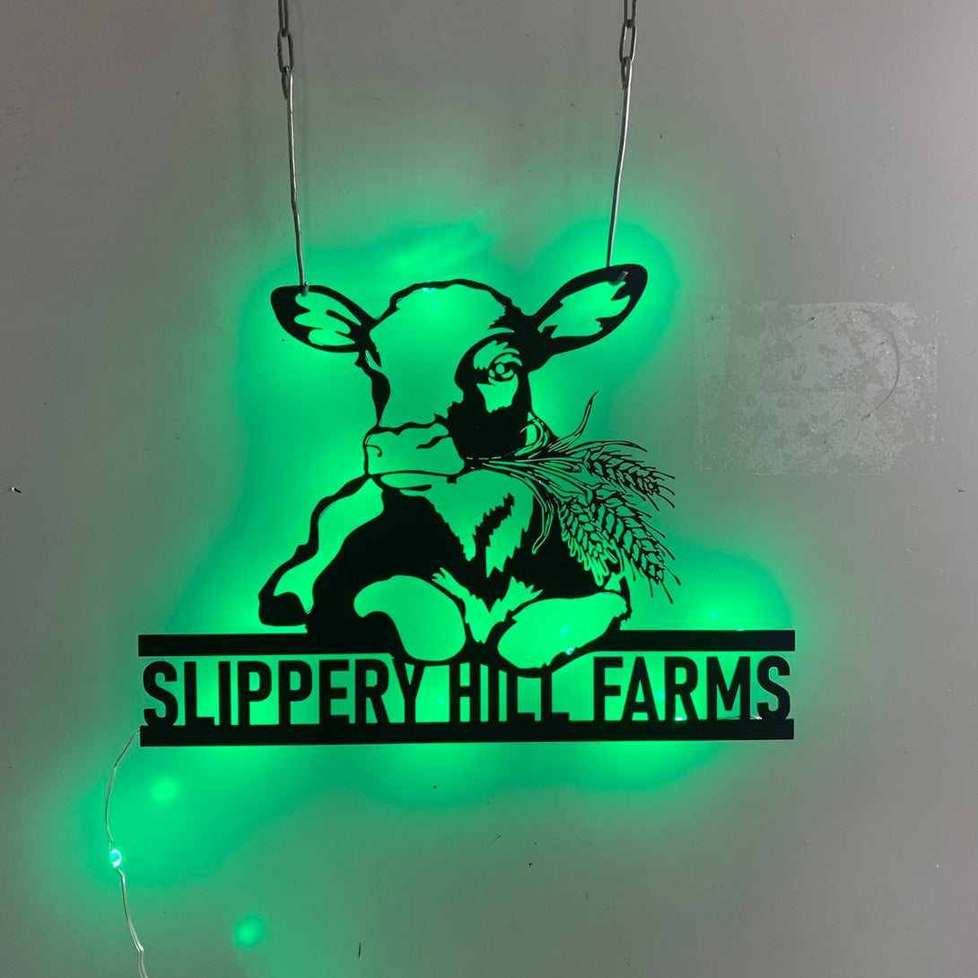 Custom Dairy Cow Farmhouse Metal Wall Art Led Lights, Personalized Dairy Cow Metal Name Sign, Calf Dairy Cow With Barley Farmhouse Metal Wall Sign
