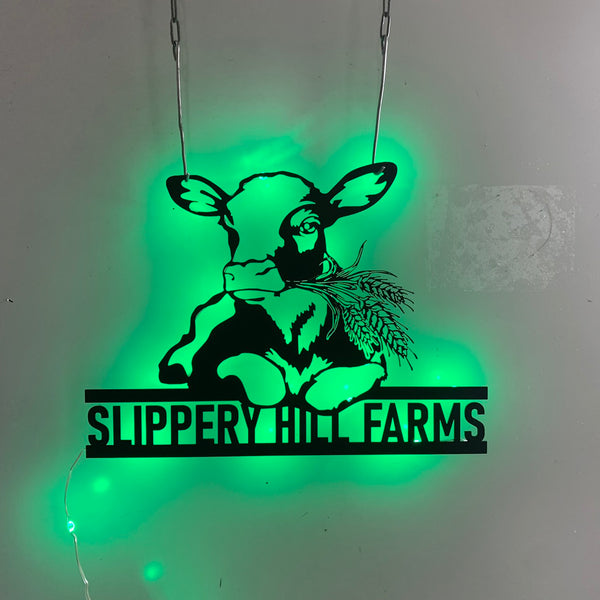 Custom Dairy Cow Farmhouse Metal Wall Art Led Lights, Personalized Dairy Cow Metal Name Sign, Calf Dairy Cow With Barley Farmhouse Metal Wall Sign