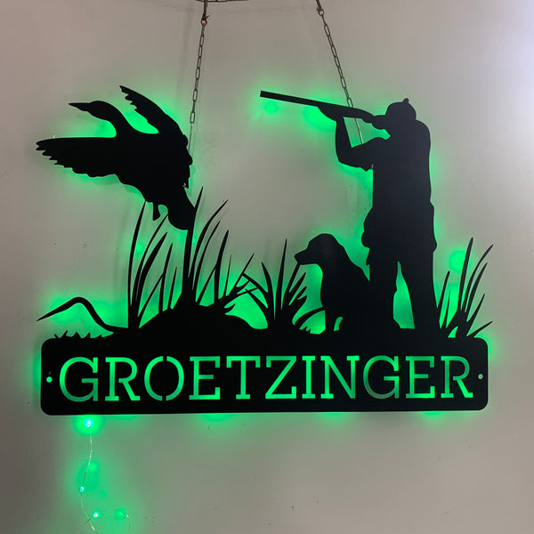 Personalized Duck Hunting Metal Wall Art Led Lights, Custom Name Hunter Metal Sign, Dog Hunting Metal Sign, Hunting With Dog Metal Wall Sign