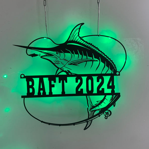 Custom Marlin Fish Metal Wall Art Led Lights, Personalized Marlin Fish Metal Name Sign, Fishing Metal Cabin Sign, Fishing Beach House Metal Decor
