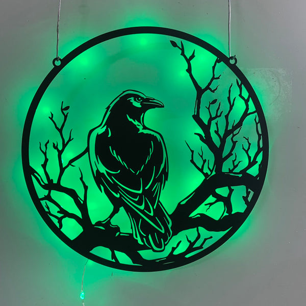 Custom Black Raven Metal Name Sign With Led Light, Personalized Crow Birds Metal Sign, Raven Monogram Metal Wall Art, Black Crow Metal Art