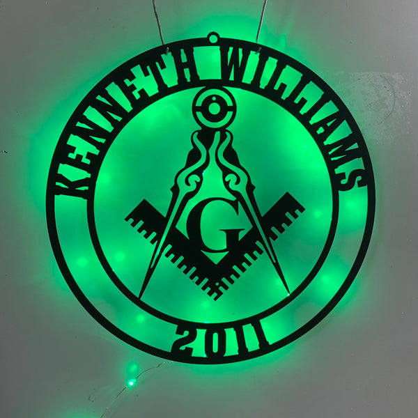 Custom Masonic Square And Compass Metal Wall Art Led Lights, Personalized Name Masonic Monogram Metal Sign, Freemason Freemasonry Masonic Metal Sign