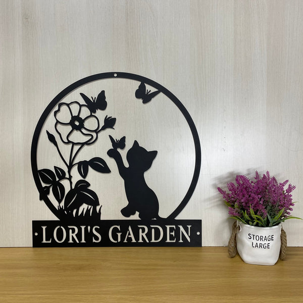 Personalized Cat With Flowers Garden Metal Sign, Custom Your Garden Metal Wall Art, Outdoor Garden Metal Hanging Decor, Kitten Garden Metal Sign