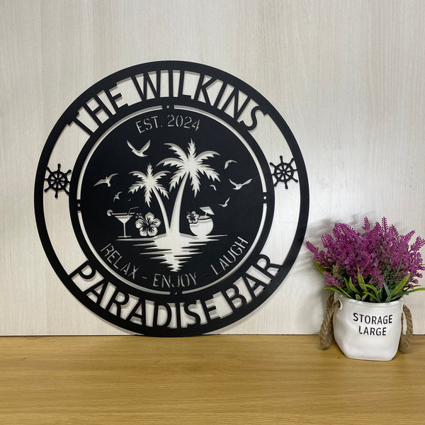Personalized Poolside Paradise Metal Wall Art, Custom Palm Tree Beach House Family Name Metal Sign, Poolside Patio Tiki Bar Metal Wall Outdoor Decor