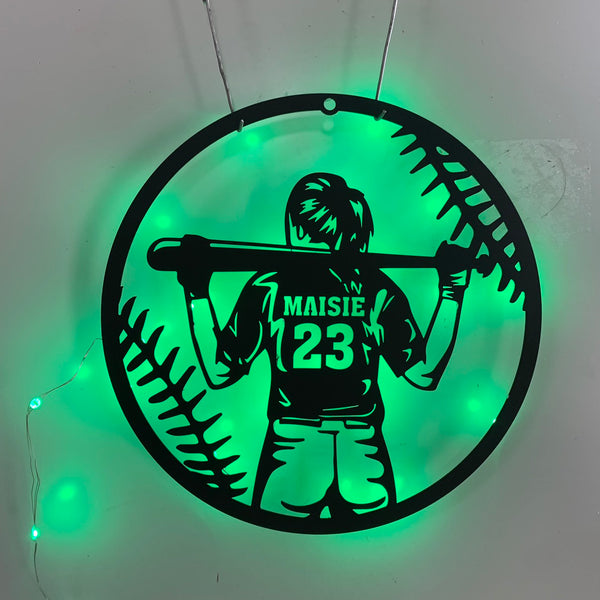 Custom Girl Baseball Metal Wall Art Led Lights, Personalized Softball Player Metal Name Sign, Baseball Lovers Kid Nursery Metal Wall Sign Decor
