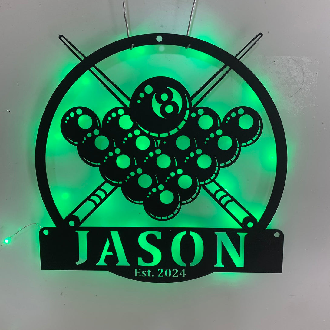 Custom Name Billiards Metal Wall Art With Led Lights, Personalized Billiards Room Metal Name Sign, Pool Game Zone Metal Wall Sign Decor