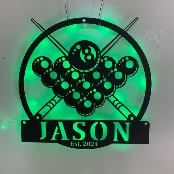 Custom Name Billiards Metal Wall Art With Led Lights, Personalized Billiards Room Metal Name Sign, Pool Game Zone Metal Wall Sign Decor