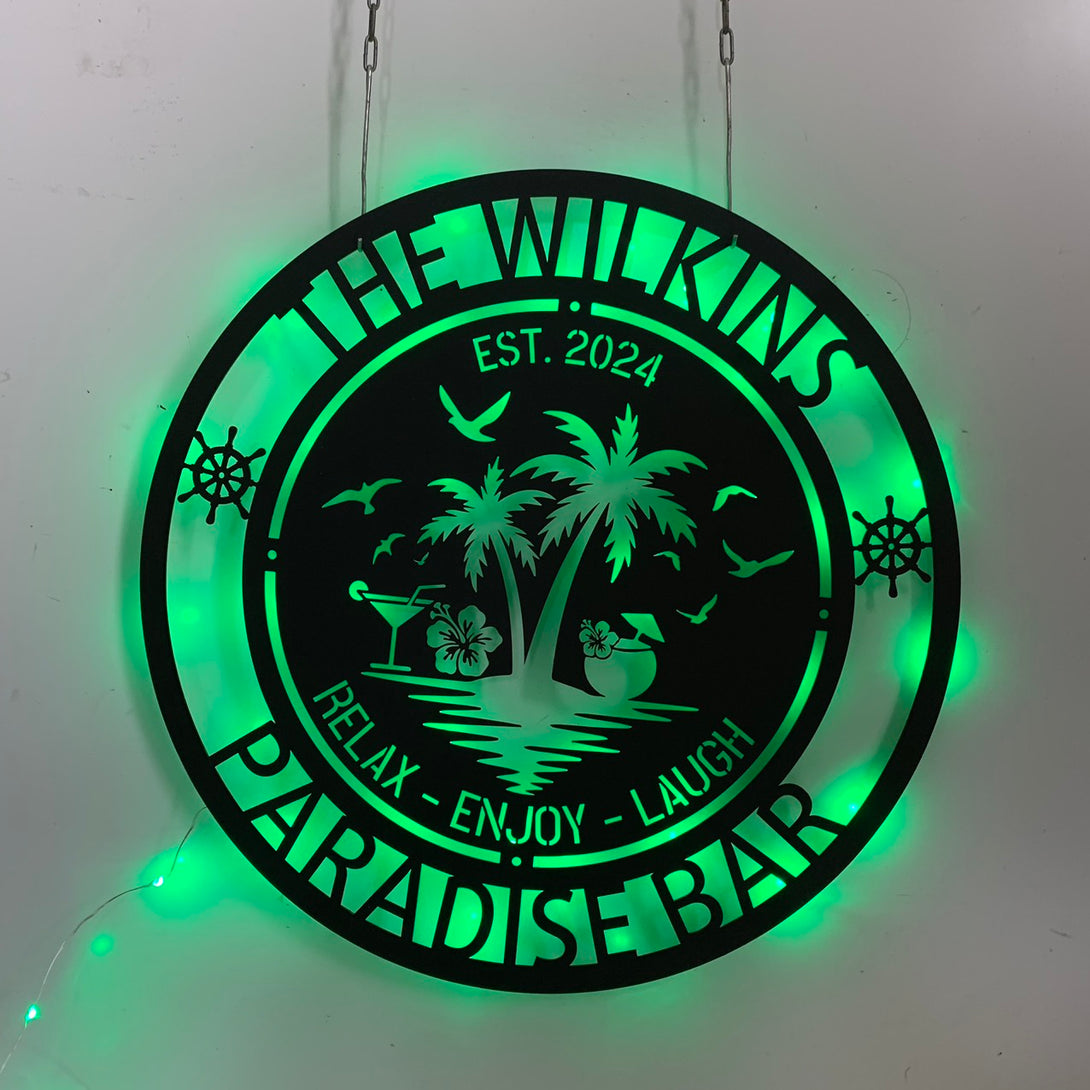 Custom Poolside Oasis Metal Wall Art Led Lights, Personalized Palm Tree Beach House Metal Name Sign, Poolside Patio Tiki Bar Metal Wall Outdoor Decor
