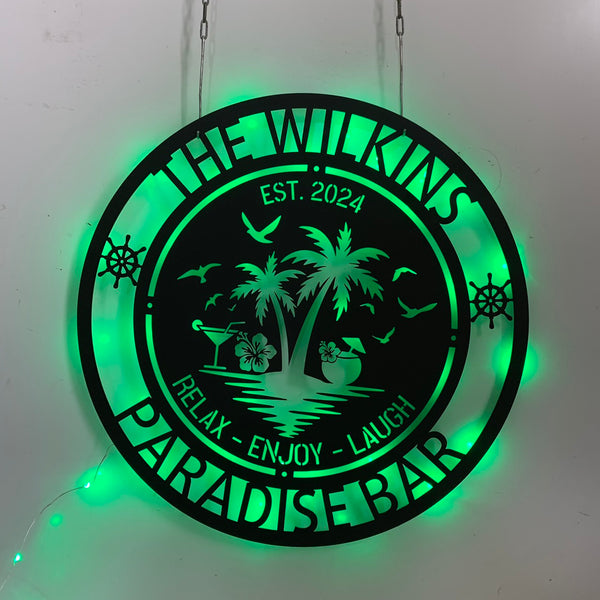 Custom Poolside Oasis Metal Wall Art Led Lights, Personalized Palm Tree Beach House Metal Name Sign, Poolside Patio Tiki Bar Metal Wall Outdoor Decor