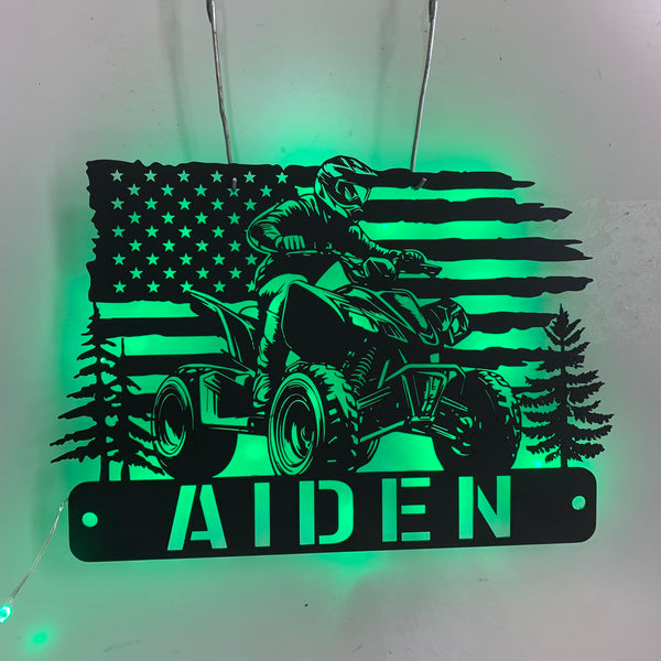 Custom Us Flag Atv Quad Biker Metal Wall Art Led Lights, Personalized All-terrain Vehicle Metal Sign,terrain Vehicle Wheel Garage Metal Sign
