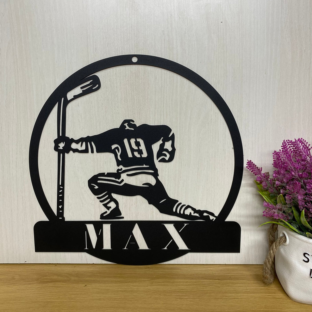 Custom Name Hockey Player Metal Wall Art, Personalized Ice Hockey Metal Sign, Hockey Lover Metal Wall Sign, Hockey Sport Kids Room Metal Decor