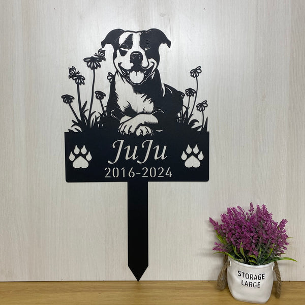 Personalized Flowers Pitbull Memorial Metal Stake, Pit Bull Terrier Dog Memorial Stake, Custom Pitbull Name Metal Yard Stake, Metal Pet Grave Marker