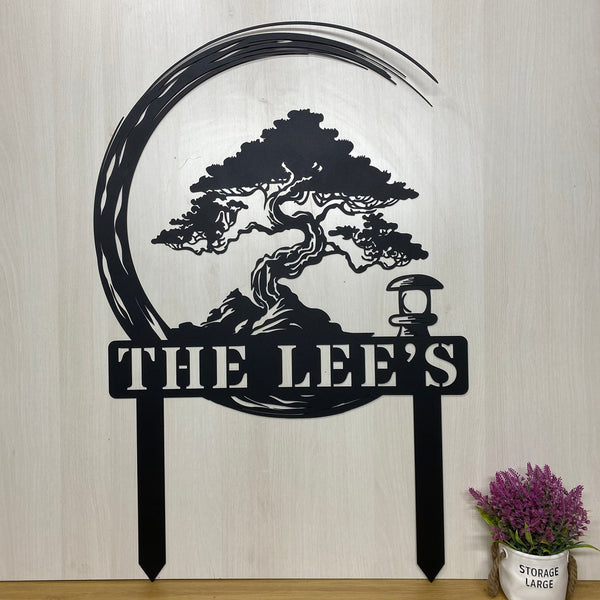 Personalized Bonsai Tree Metal Garden Sign With Stake, Custom Bonsai Metal Garden Stake, Bonsai Tree Metal Yard Sign, Metal Bonsai Asian Garden Decor