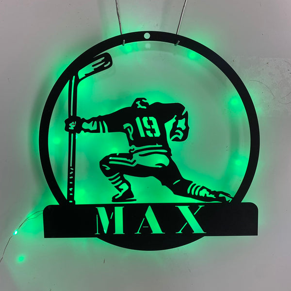 Custom Name Hockey Player Metal Wall Art Led Lights, Personalized Ice Hockey Metal Sign, Hockey Lover Metal Wall Sign, Hockey Sport Room Metal Decor