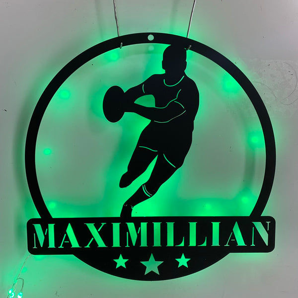 Personalized Rugby Player Metal Sign Led Light, Custom Running Rugby Metal Wall Art, Rugby Sport Metal Home Decor, Rugby Metal Sign Dad Gift