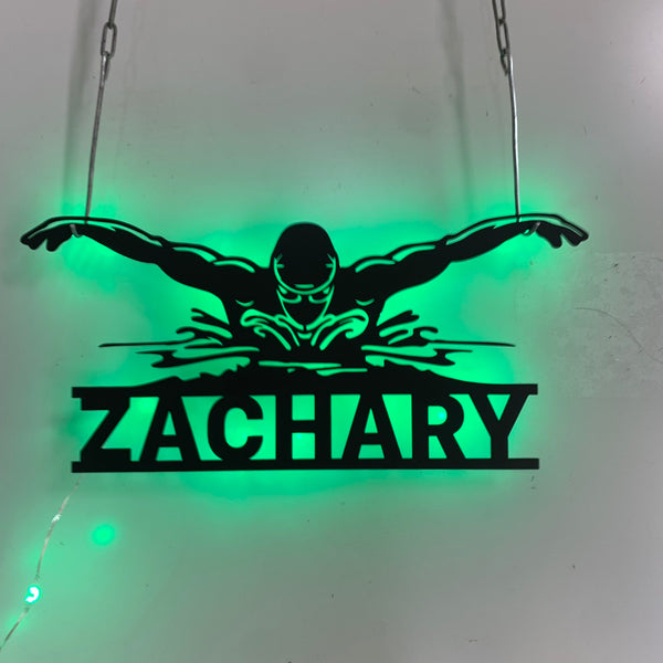 Custom Swimming Metal Wall Art Led Lights, Personalized Man Swimmer Metal Name Sign, Swim Team Name Sign Home Decor, Swimming Lover Room Metal Sign
