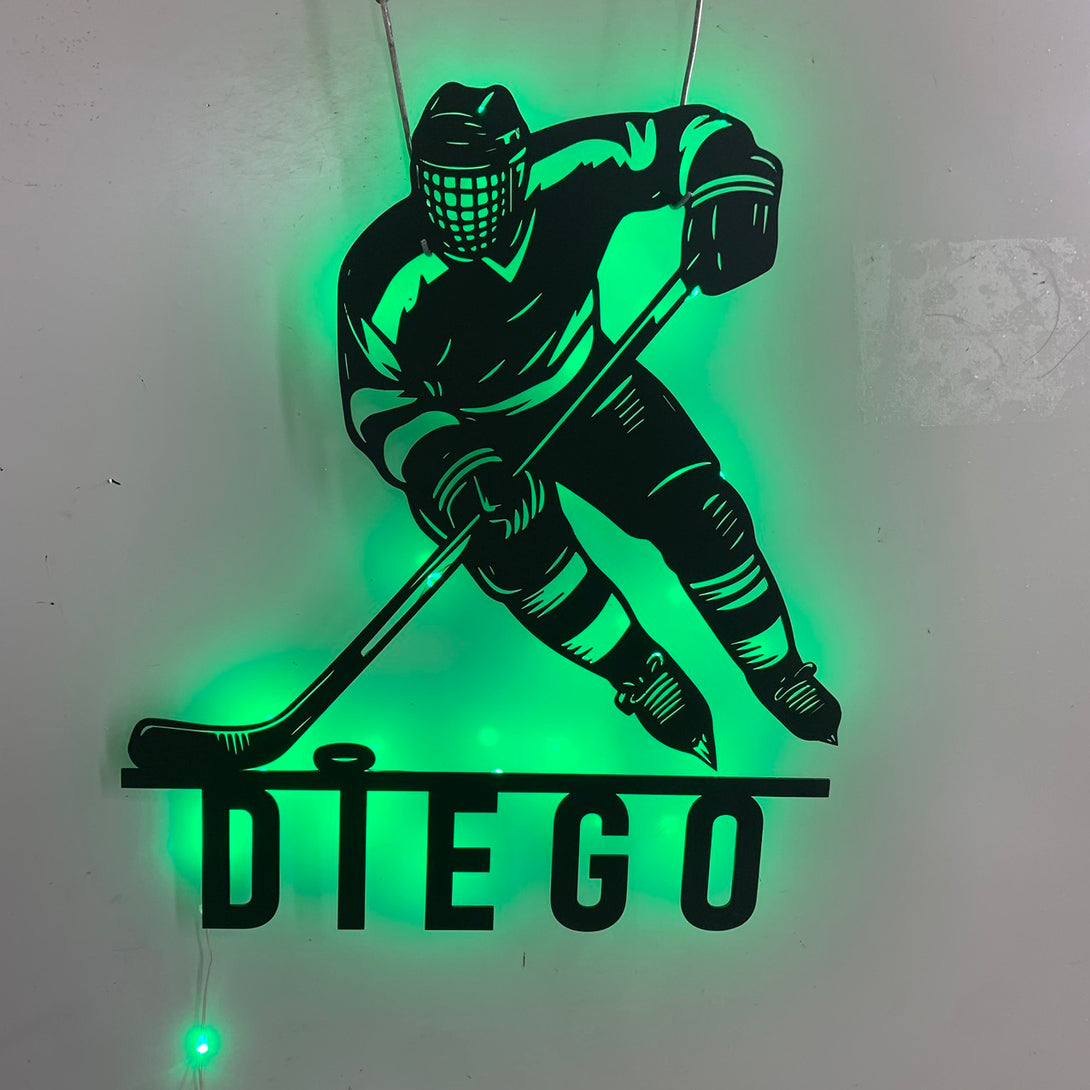 Custom Hockey Player Metal Wall Art Led Lights, Personalized Ice Hockey Player Metal, Hockey Lover Metal Wall Sign, Hockey Sport Room Metal