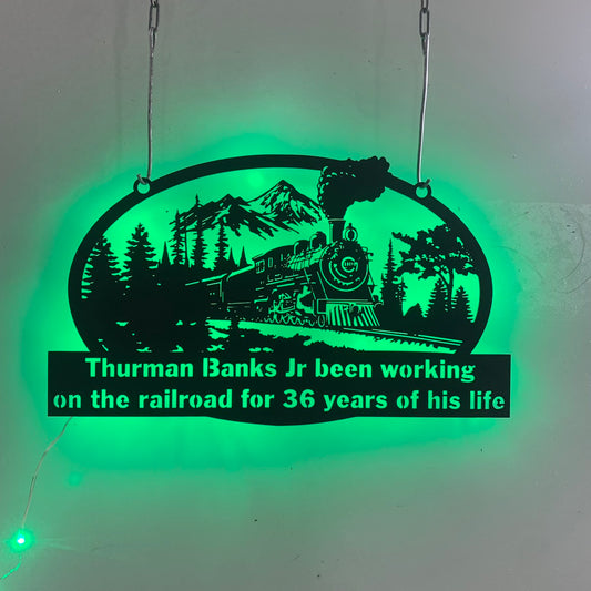 Personalized Train Railroad Metal Sign With Led Lights, Custom Mountain Train Railway Metal Wall Art, Train Station Lounge Man Cave Metal Sign Decor