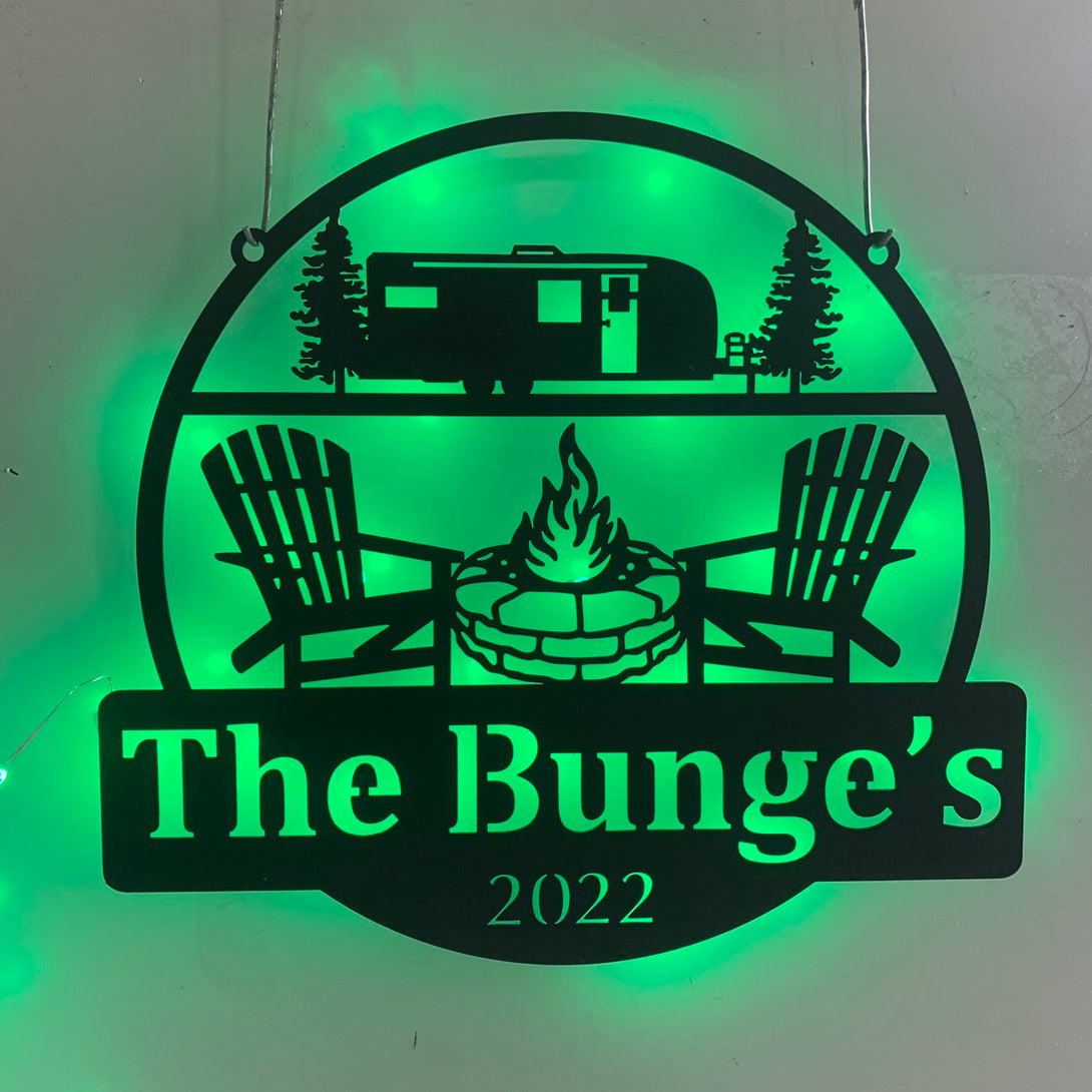 Custom Fire Pit Camping Monogram Metal Wall Art Led Lights, Custom Family Name Camping Van Rv Trailer Metal Sign, Happy Camper Metal Wall Sign Decor