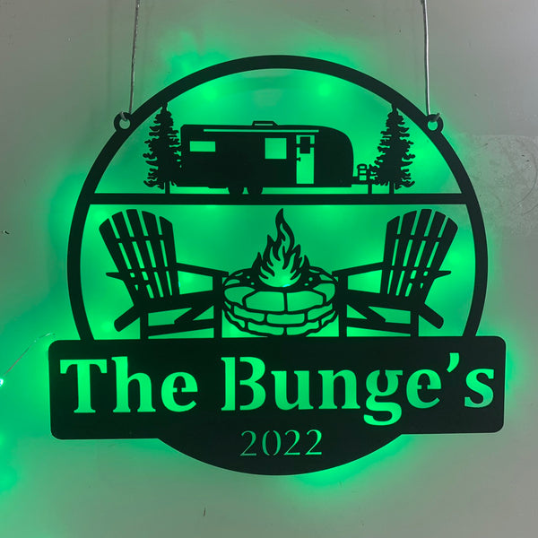 Custom Fire Pit Camping Monogram Metal Wall Art Led Lights, Custom Family Name Camping Van Rv Trailer Metal Sign, Happy Camper Metal Wall Sign Decor