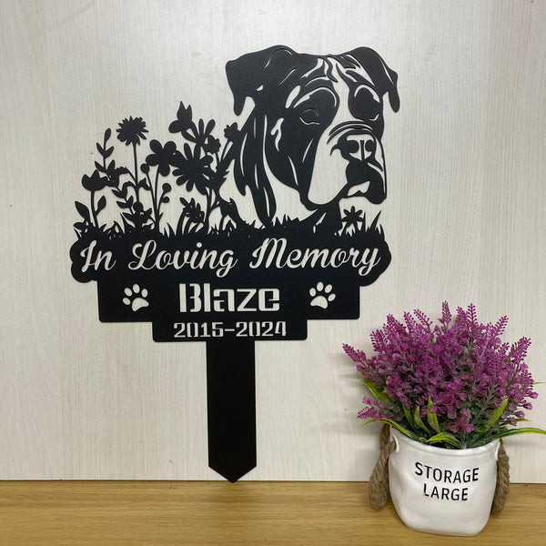 Personalized Floral Boxer Dog Memorial Stake Sign, Custom Pet Metal Grave Marker, Dog Metal Sign With Stake, Pet Loss Sympathy Sign, Remembrance Stake