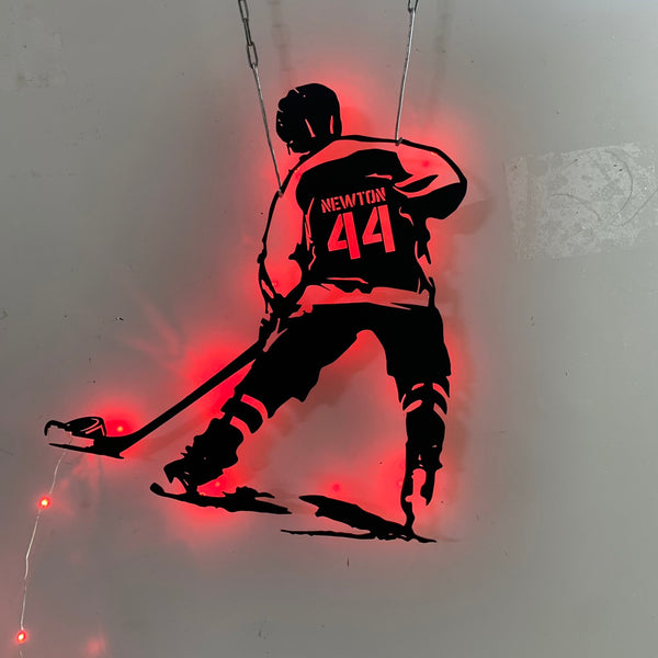 Custom Ice Hockey Player Metal Wall Art Led Lights, Personalized Hockey Player Metal Name Sign, Hockey Lover Metal Wall Sign, Hockey Sport Metal Decor