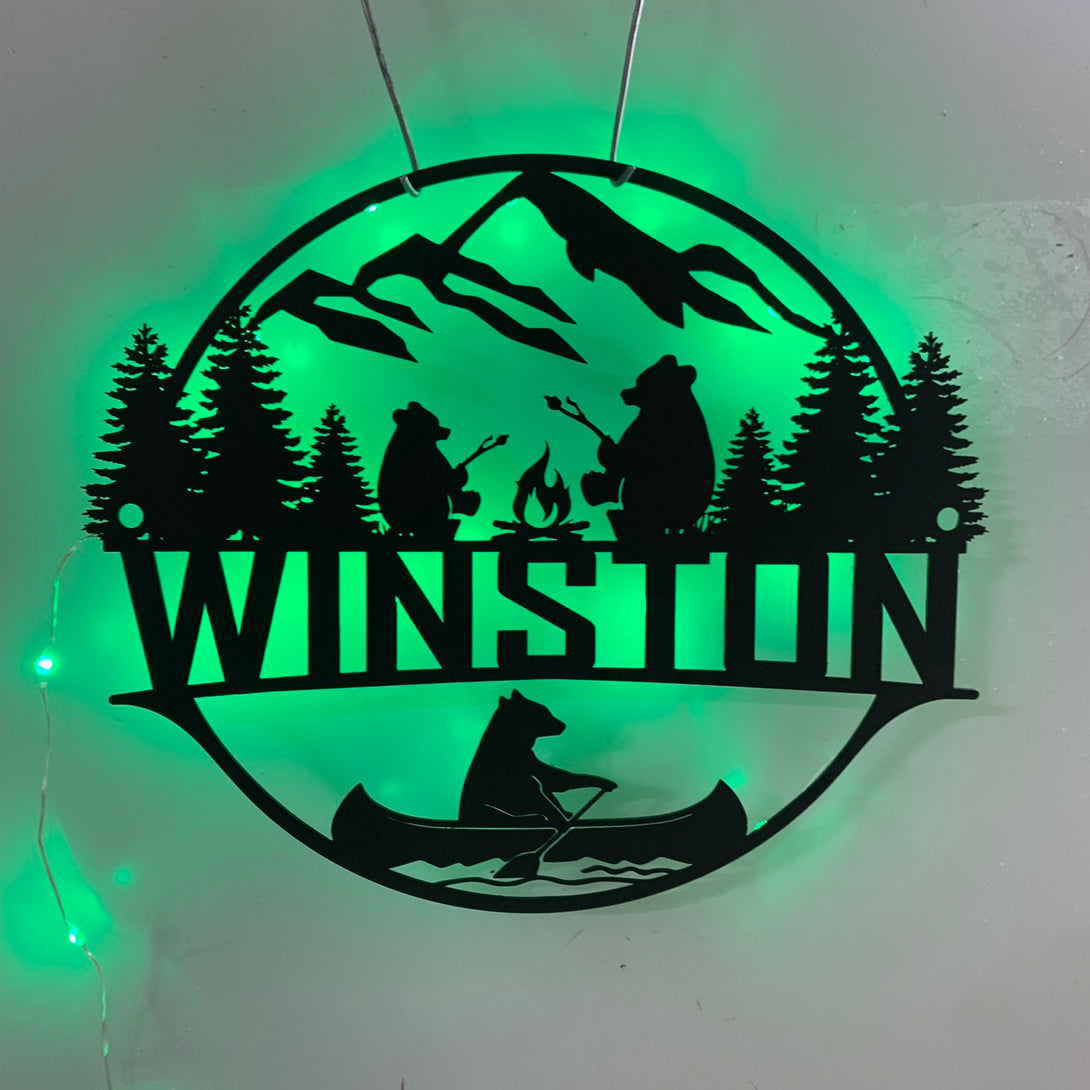 Personalized Family Bears Camping Metal Sign Led Lights, Bears In Woods Metal Cabin Sign, Custom Bear Lake House Metal Sign, Forest Bear Metal Sign